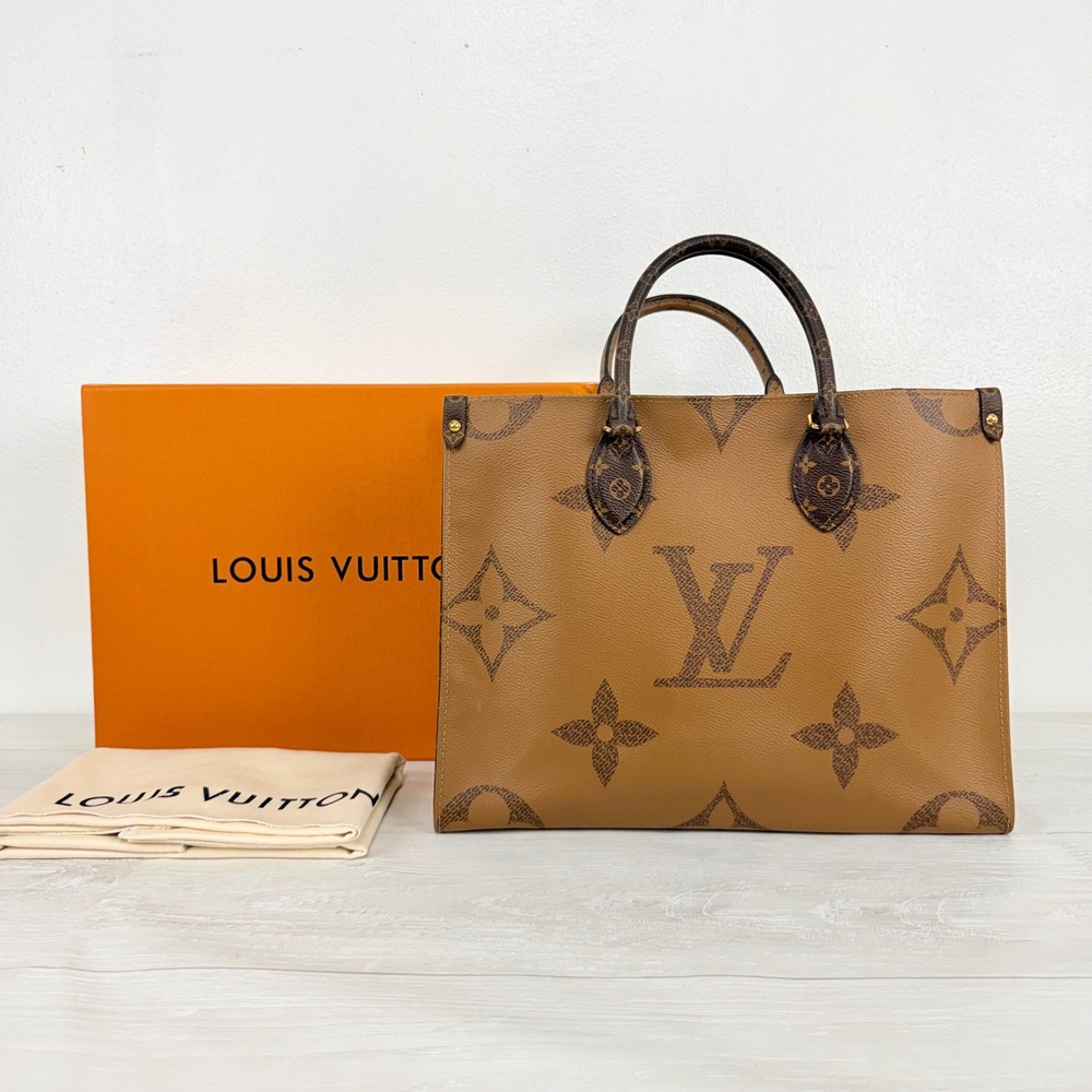 Louis Vuitton Onthego MM Tote Brown Giant Monogram Luxury Work Travel Bag Auth